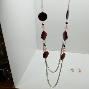 36" Silver Tone Faux Stone Bead Necklace Earrings